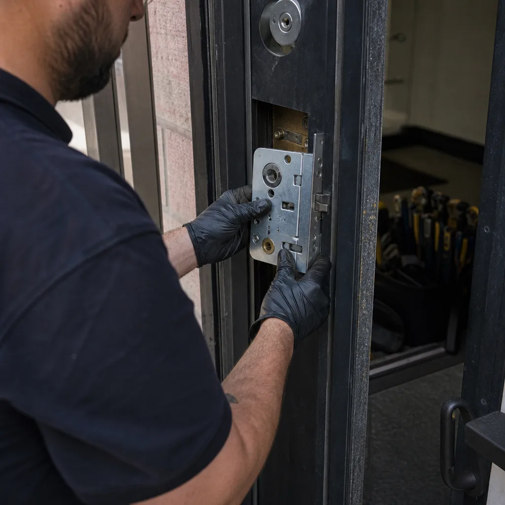 Professional locksmith installing a commercial mortise lock in a door frame