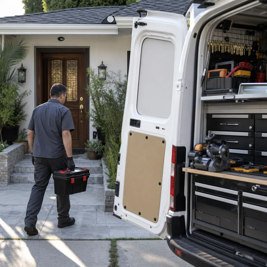 Professional locksmith carrying tool case toward a home from service van