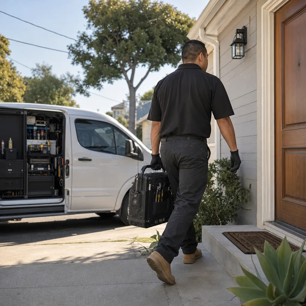 Professional locksmith carrying equipment to rekey residential door locks