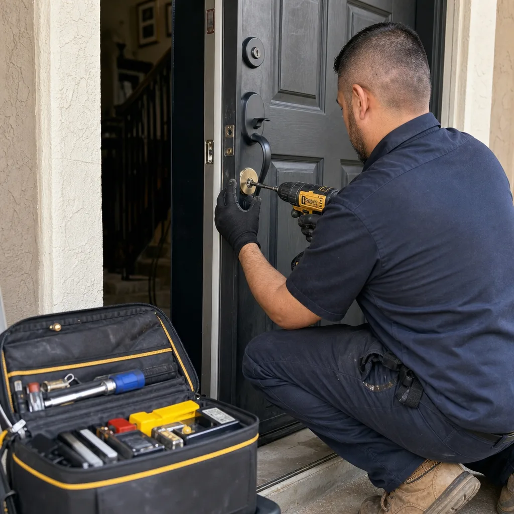 Locksmith installing a new door handle and lock assembly with a drill