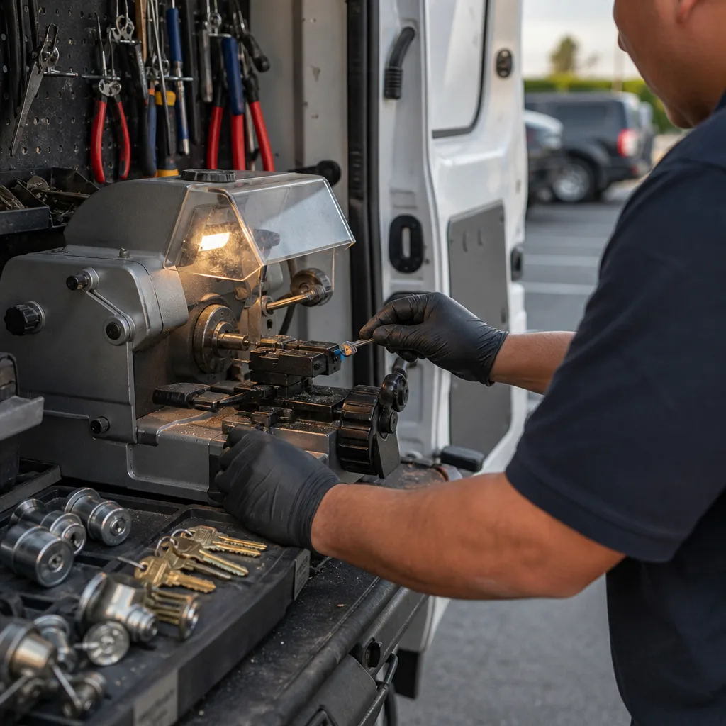 Professional locksmith using key cutting machine for residential key duplication service
